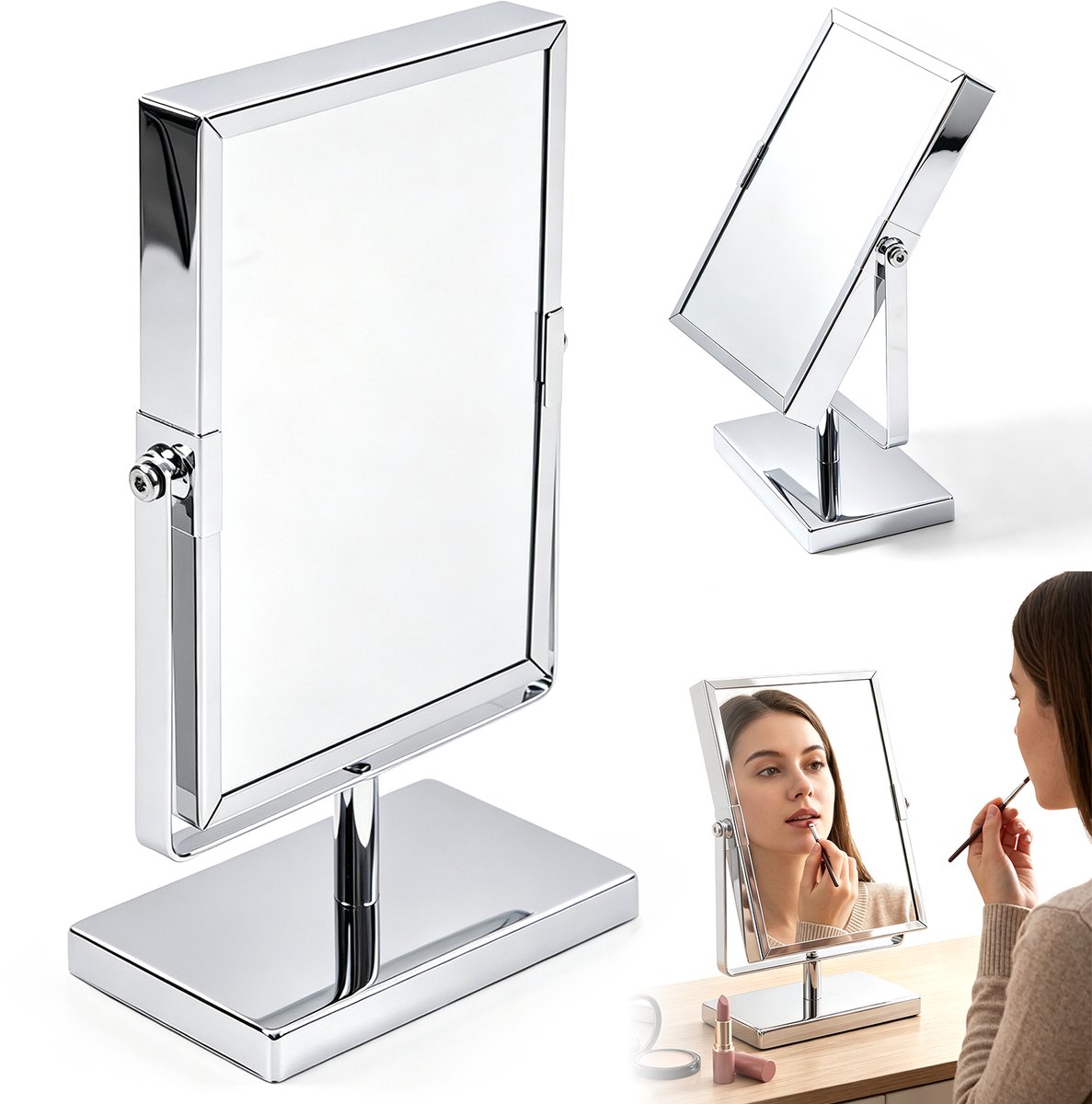 Make-up Spiegel - Vergrootspiegel voor Make-up - Scheerspiegel - Badkamerspiegel - Normale & Vergrootzijde - 360° Draaibaar - Stabiele Voet - Dagelijks Gebruik & Reizen - Voor Wenkbrauwen & Eyeliner & Baard