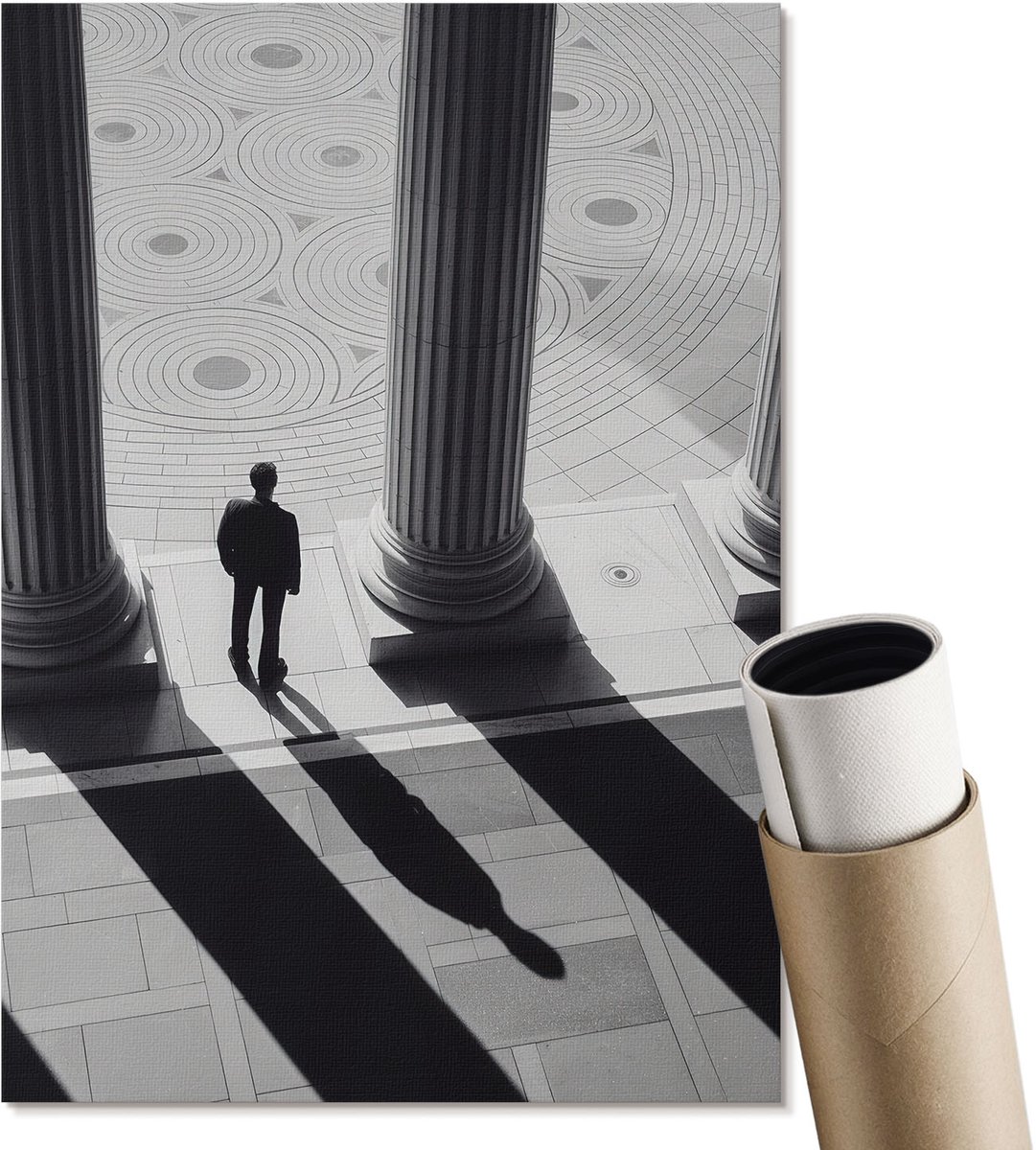 Coloray Polycanvas Wandposter - Kolommen En Een Man, Fotografie - A4 - Zwart-wit Illustratie - Rechthoek - Muurkunst - Woonkamer, Slaapkamer, Kantoor - Klassiek