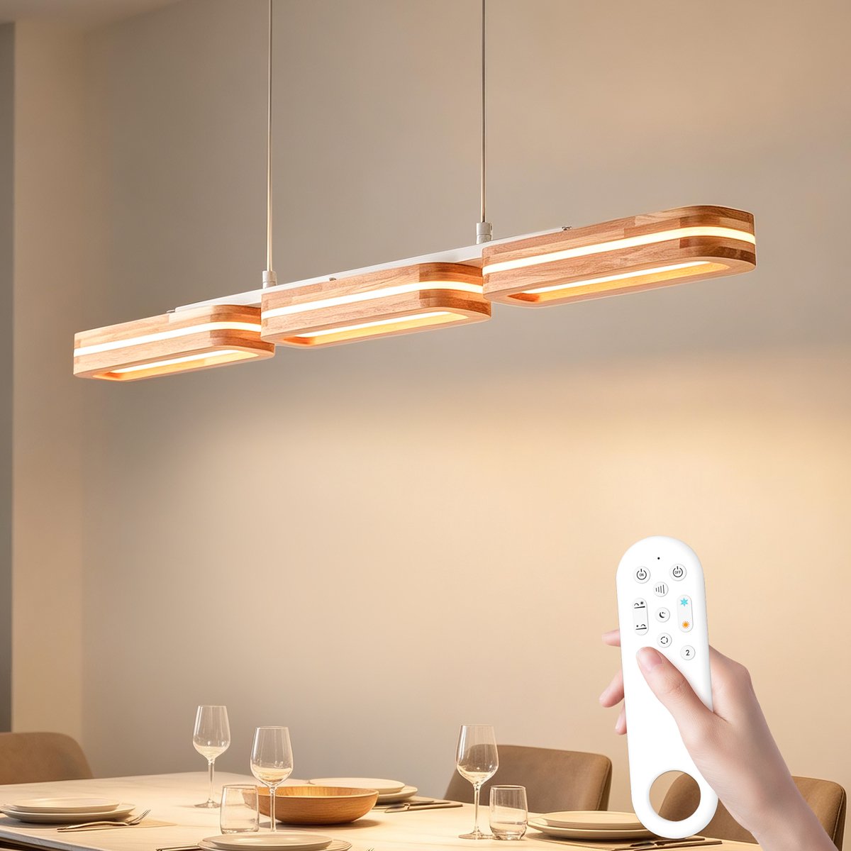 Epochglo Moderne LED Hanglamp met Geheugenfunctie, Timer & Nachtlampje - Lineaire Massief Houten Eettafel Lamp (100cm) - 50W 4800LM - In Hoogte Verstelbaar - Dimbaar met Afstandsbediening (3000K-6500K) - voor Eetkamer, Kookeiland & Kantoor