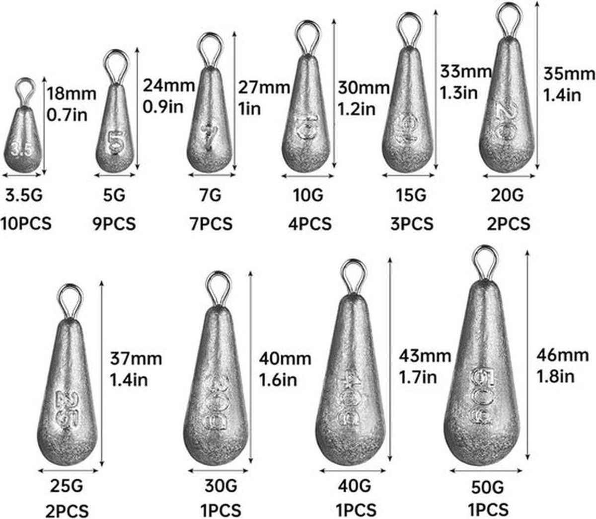 Druppelvormige visgewichten set - 40 stuks, 10 maten, 3,5 g tot 50 g - Voor buitenvissen.