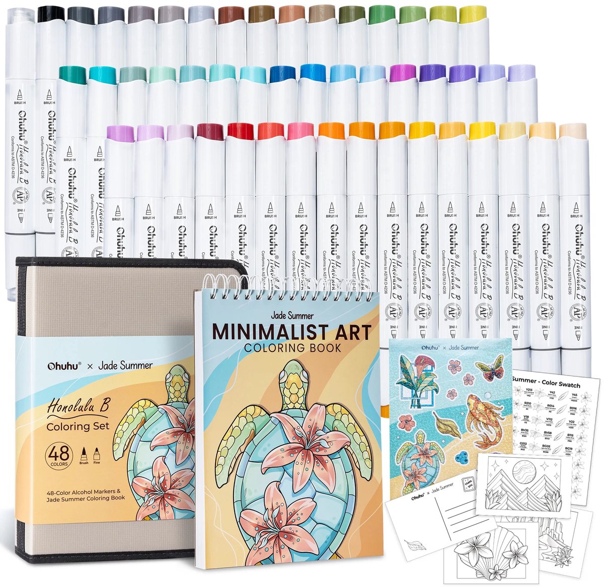 Ohuhu x Jade Summer Alcohol Markers & Coloring Book Set – Honolulu B 47 kleuren Alcohol Art Markers Brush & Fine