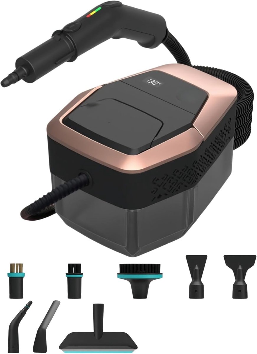 1500W stoomreiniger, veelzijdig draagbaar apparaat, warmt snel op in 15 seconden, 1,8L watertank, met accessoires voor vloeren, badkamer, keuken, ramen, bekleding en goud