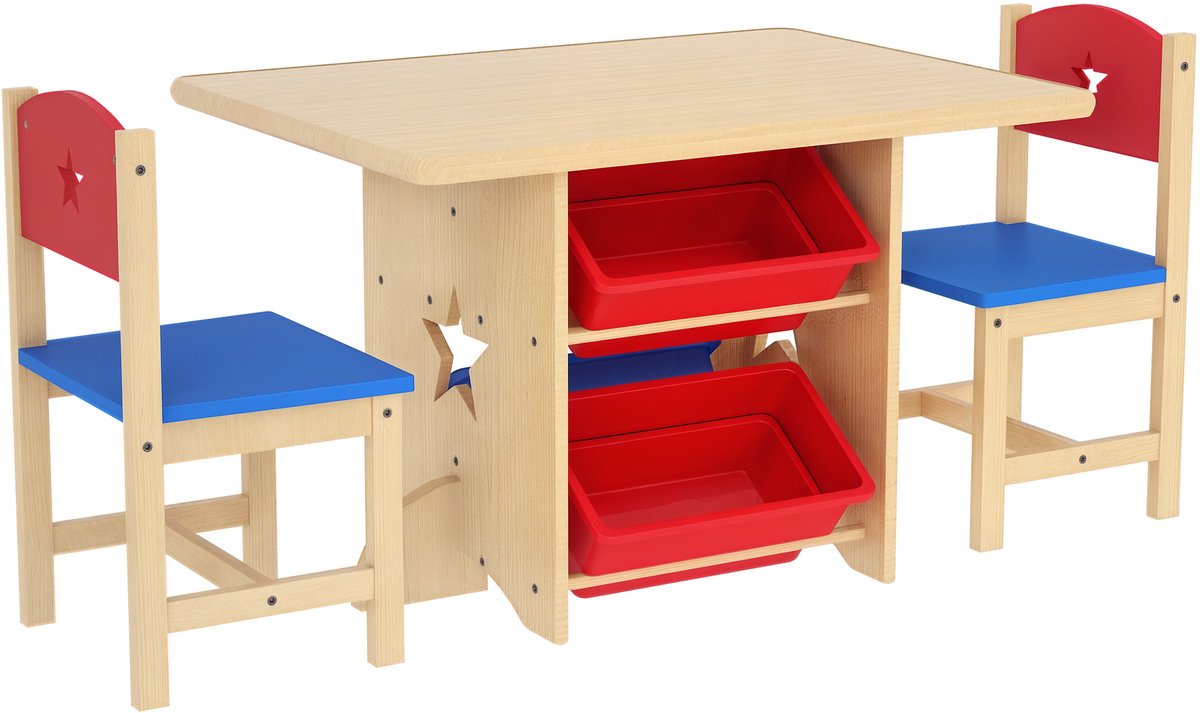 Kindertafel met 2 stoelen, kindertafel en stoelen, 3-delige houten set met 4 opbergbakjes, sterrenmotief, voor kinderen van 3 tot 7 jaar, naturel hout