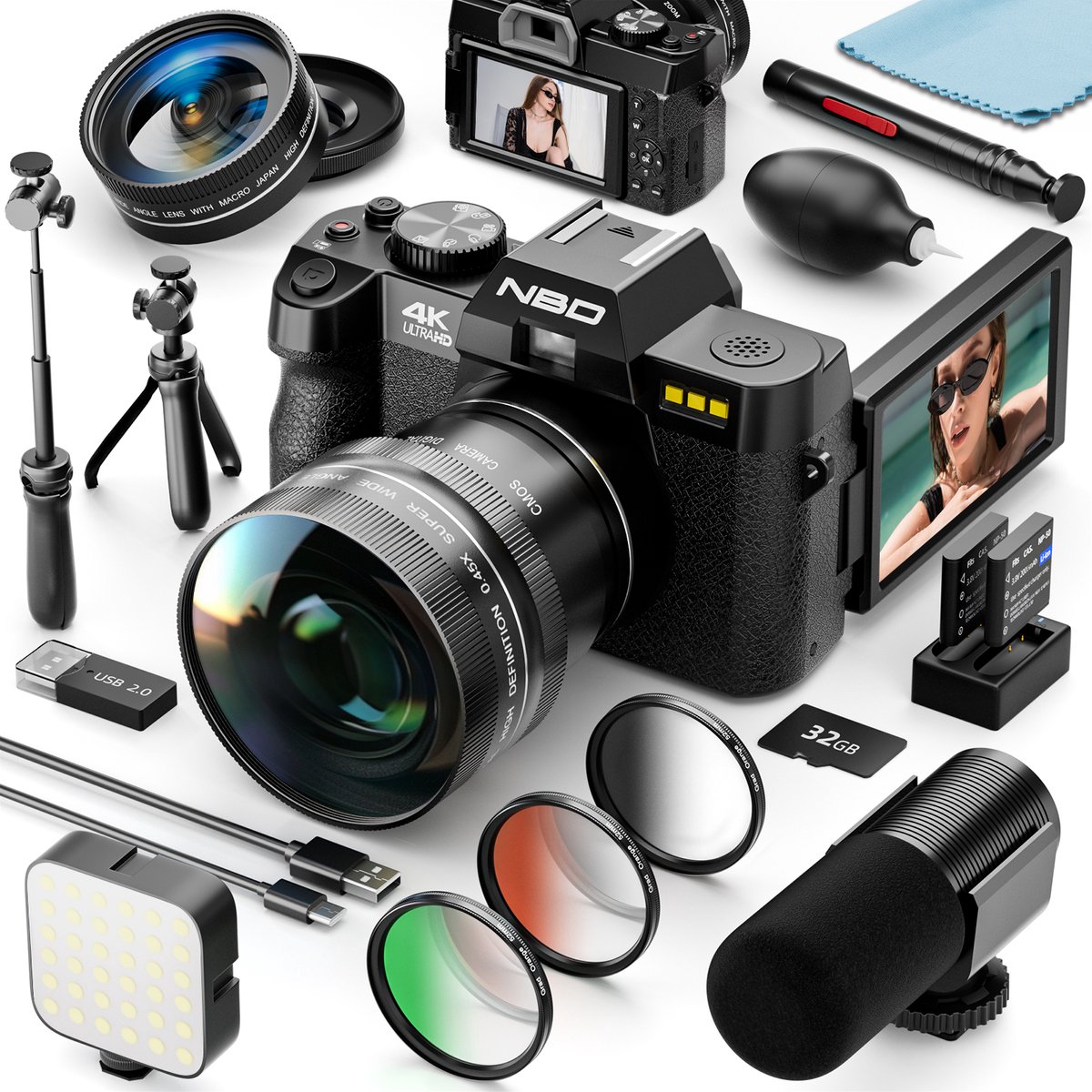 NBD S100 Digitale Camera - 4K - 64MP - Met Microfoon - LED Licht - Filters - 180° Flip Scherm - Zwart