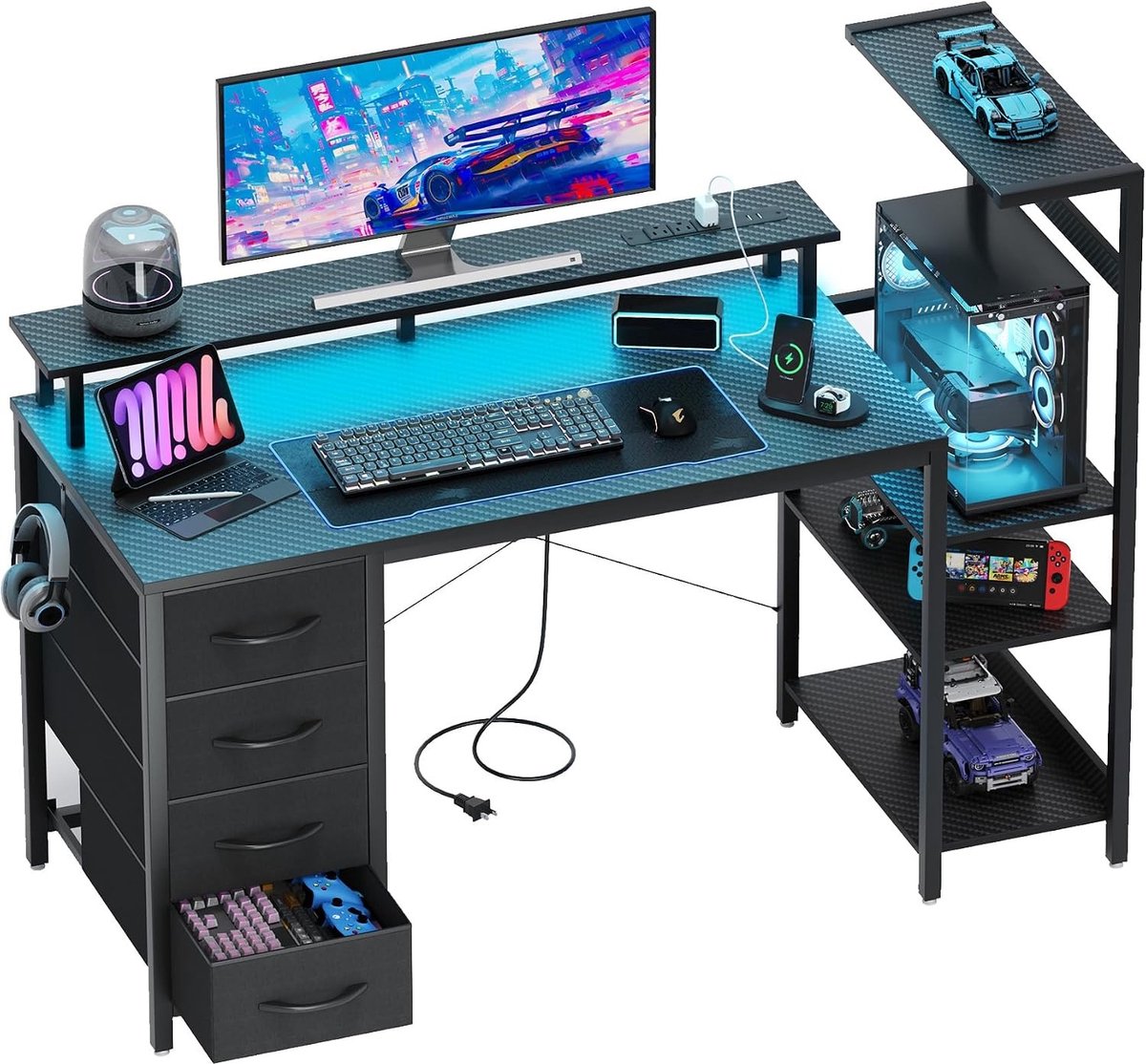 Gaming Bureau L-vorm - RGB LED Computerbureau met 4 Laden - Monitorstandaard - 2 Stopcontacten en 2 USB-poorten - Hoekbureau voor Thuiswerk en Gaming