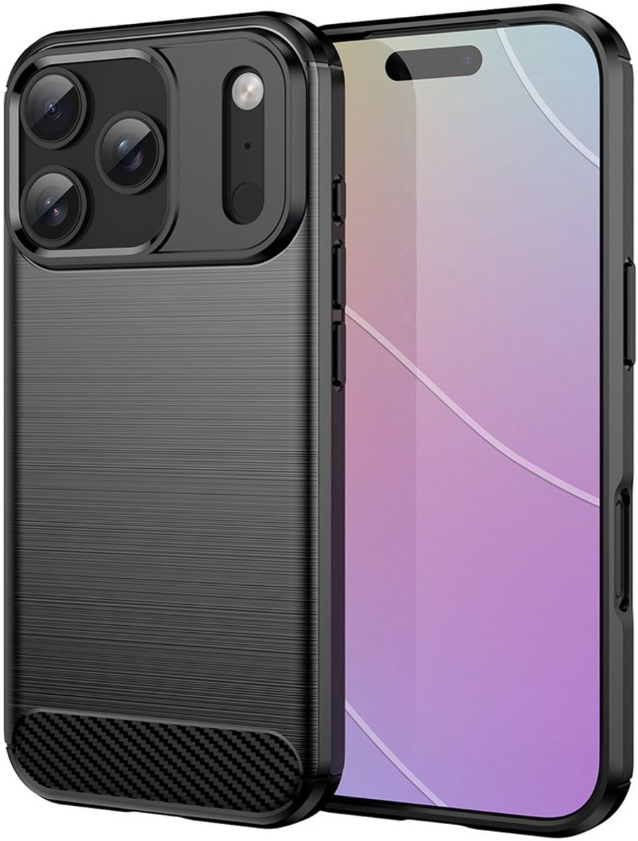 MobyDefend Hoesje - Geschikt voor iPhone 18 Pro - TPU Backcover - Geborstelde Metaal & Carbon-Look - Zwart
