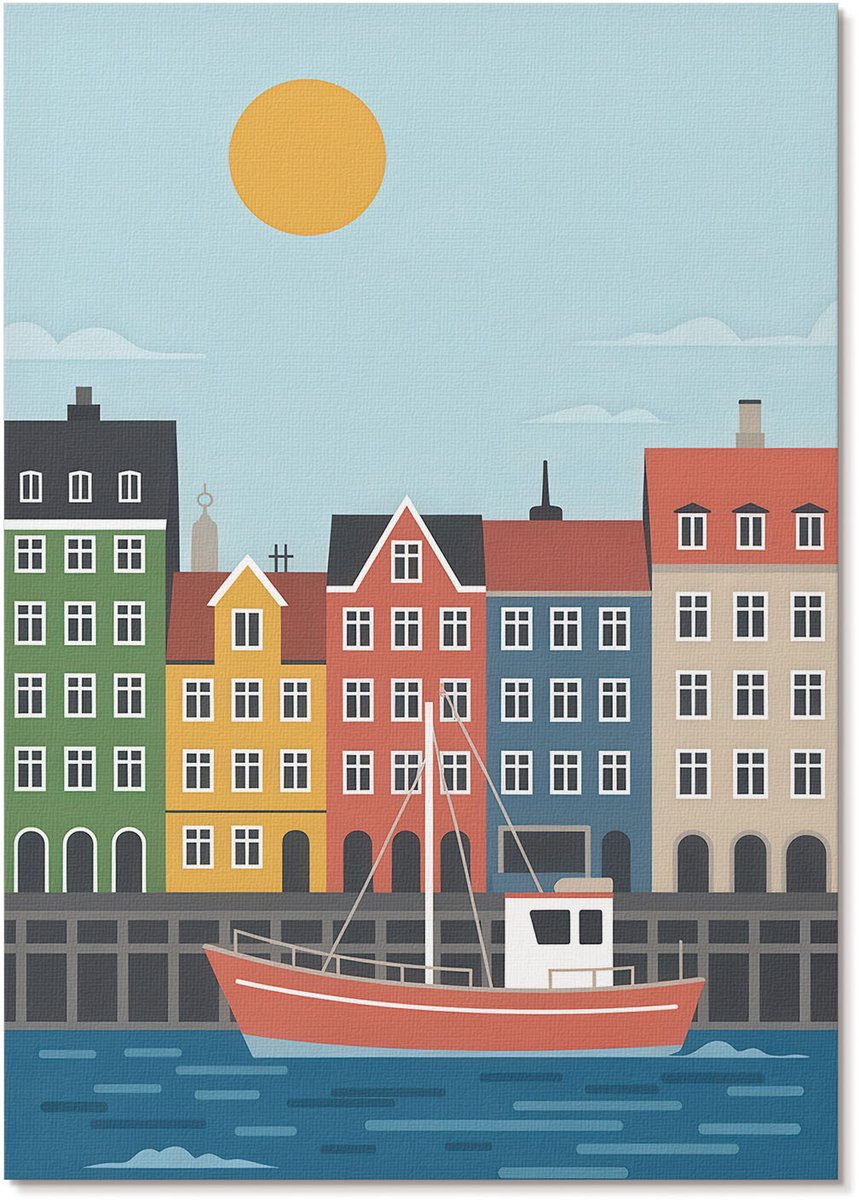 Tulup Canvas Poster Polycanvas - Havenstad, Illustratie - A4 - Blauw Decoratie - Rechthoek - Wandkunst - Woonkamer, Slaapkamer, Kantoor - Kinder