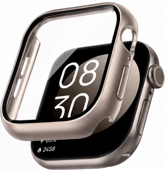 Gouden horlogekast met een heldere screenprotector, die een Apple Watch bedekt.