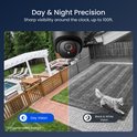 Reolink beveiligingscamera toont dag- en nachtzicht. Overdag kleurendetectie, 's nachts zwart-witbeeld met IR-leds.