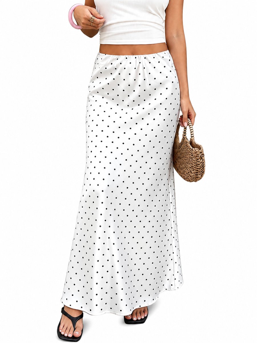 Lange Rok - Wit - Stippen - Elastische Taille - Mode