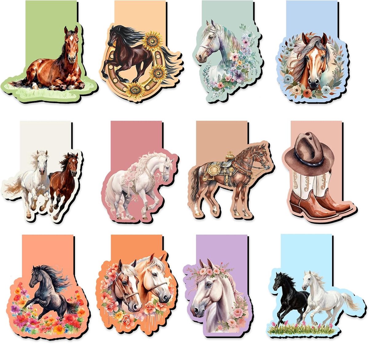 Magnetische boekenleggers met paardenthema, 12 stuks, voor kinderen, ideaal als cadeau en voor het markeren van leesposities, 6 cm lang