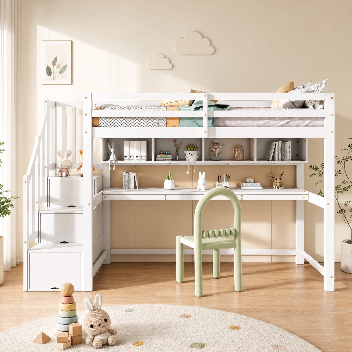 REDOM Hoogslaper - 90 x 200 cm - Trap met opbergruimte - Bureau en open planken - Hout en MDF - Wit - 252 x 95 x 165 cm