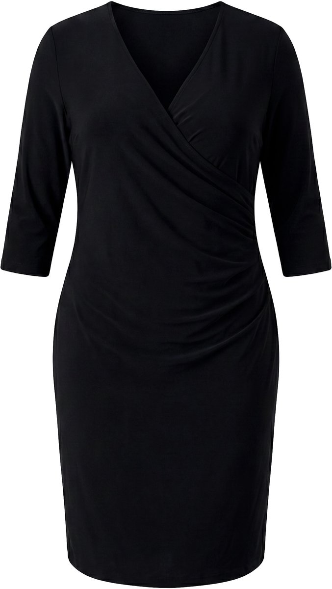 Ulla Popken - Dames - Jersey jurk wikkellook V-hals 3/4 mouwen - Zwart - Maat 58+