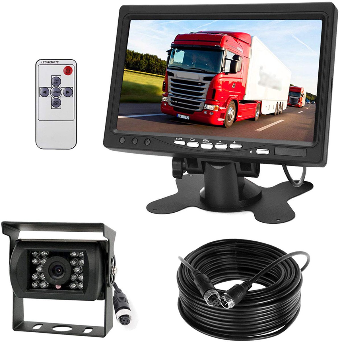 Achteruitrijcamerasysteem met monitor - CMOS-achteruitrijcamera - Achteruitrijcamera - 7-inch scherm - LED-kleurenmonitor - 18 LED-nachtzichtlampjes - 800*480 monitor - 12V-24V - 4-pins - 10 meter - Zwart