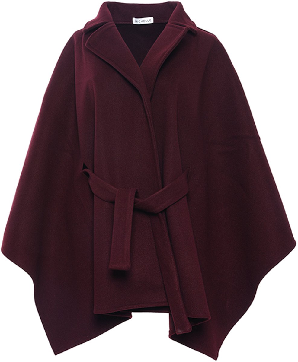 Dames Cape Jas met Reverskraag - Poncho Jas met Strikceintuur - Elegante Wintercape & Omslagdoek - Warme Dames Jas - Cadeau voor Vrouw - Bordeaux
