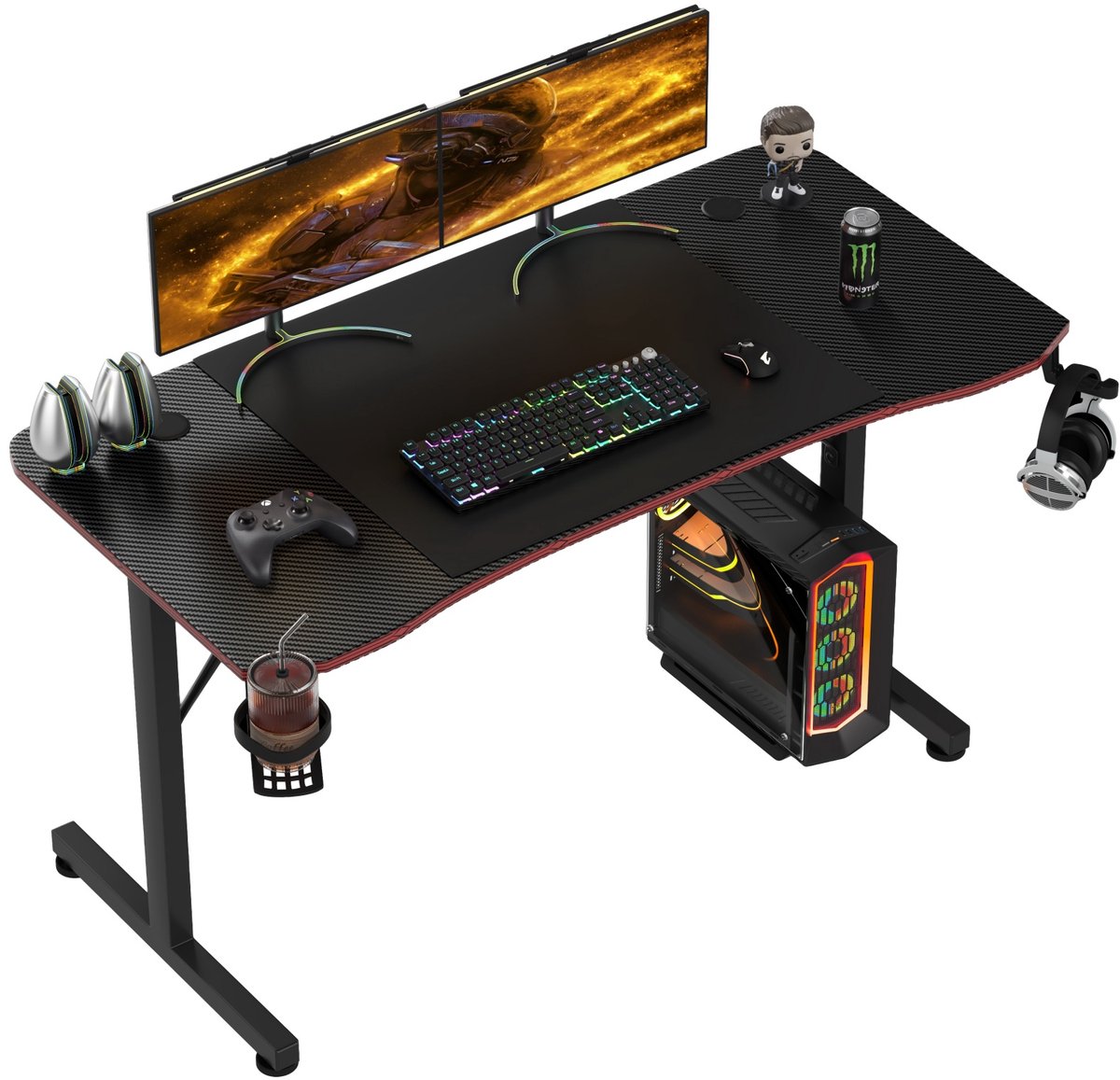 Devoko Gamingbureau 140 × 60 × 75 cm – Ergonomisch Bureau met Gebogen Carbonlook Tafelblad – Inclusief XL Muismat, Kabelgoot, Bekerhouder en Koptelefoonhaak – Zwart