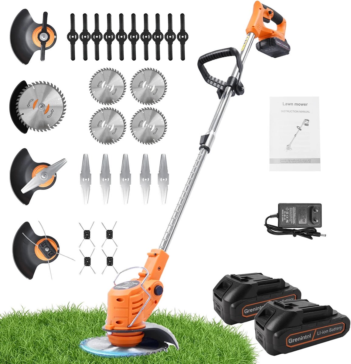 Heidat snoerloze grastrimmer - Incl snellader en 2 accu`s 2000 mAh - Bosmaaier en Kantenmaaier - Complete set met 4 opzetstukken - Verstelbaar 90 tot 127 cm