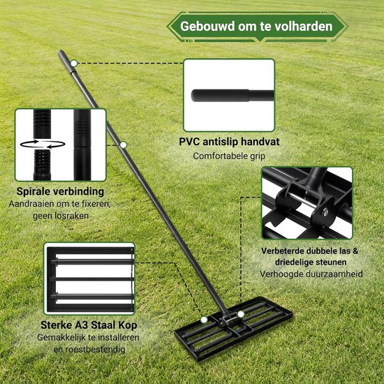 Gazonhark Nivelleerhark 207 cm - Gazonrakel met Rolkop 43 x 30 cm - Verstelbare Zware Stalen Gazonhark voor Tuin, Golfbaan en Sportveld - Grond Egaliseren, Zand Verspreiden en Gazon Onderhoud — afbeelding 3