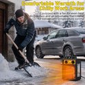 Man schept sneeuw, verwarming met gloeiende elementen staat naast hem.