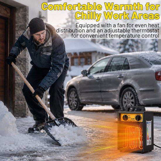 Man schept sneeuw, verwarming met gloeiende elementen staat naast hem.