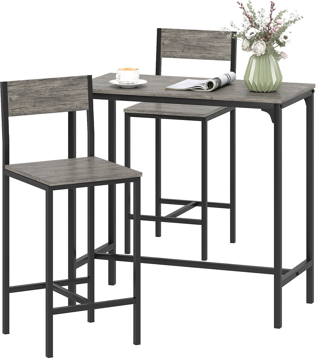 Bartafel - Set van 1 Bartafel en 2 Barkrukken - Tafel en Stoelen Set voor Keuken - Eetkamer en Bistro - 3- Delige set - Grijs