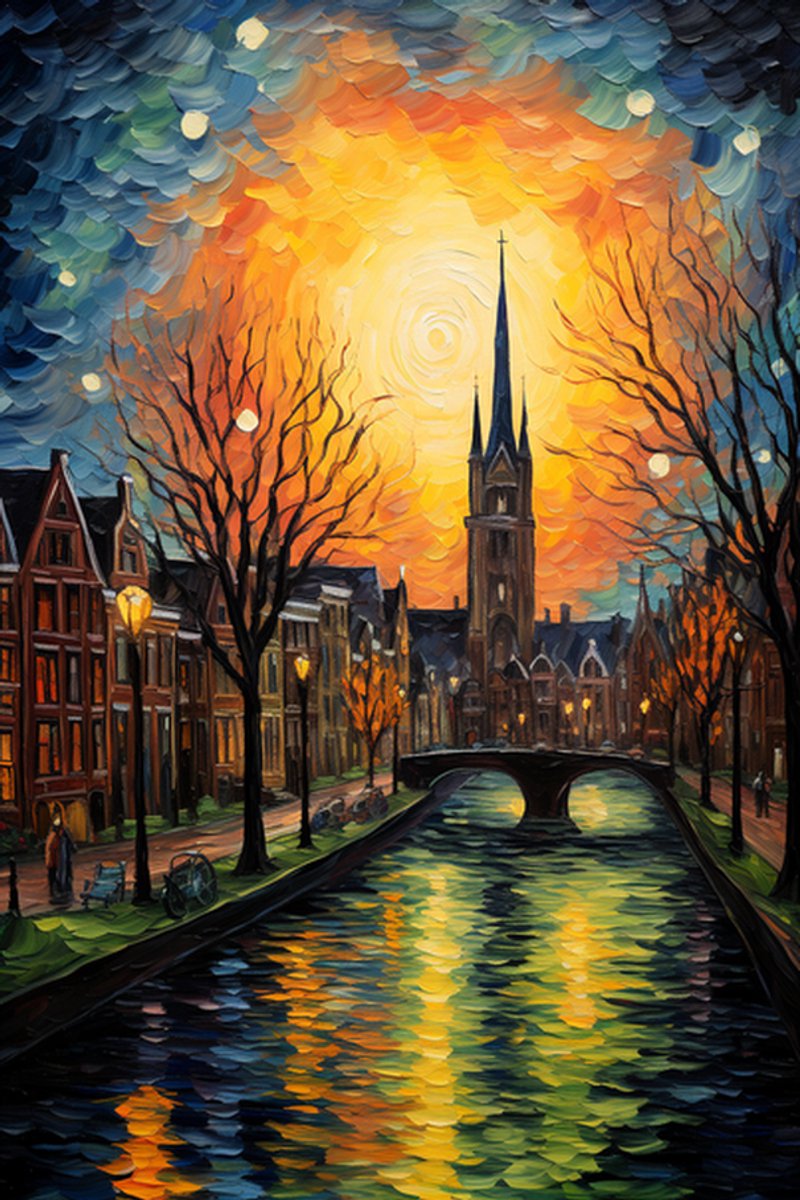 Poster Gracht - Kerk - Waterverf Grachten - Stad - Woondecoratie - posters - formaat 70x100cm - L585RTB