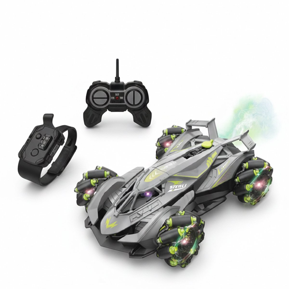 Ntech RC Drift Stunt Auto voor Kinderen Grijs – 2,4 GHz 8-Kanaals Afstandsbediening, 360° Spins, LED-Licht, Waternevel & Muziek – Oplaadbare Stuntauto met USB