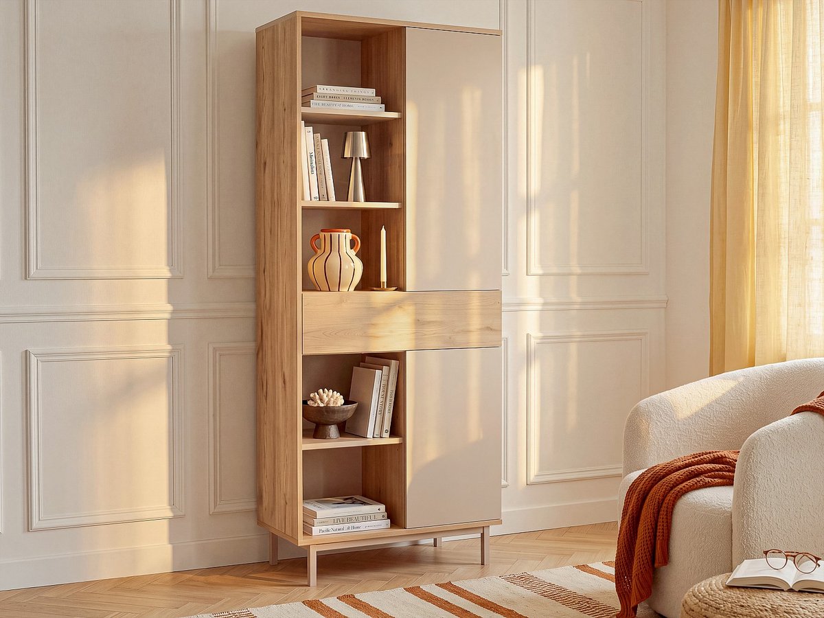 Vente-unique Boekenkast met 2 deuren, 1 lade en 5 nissen - Beige en natuurlijk licht - REYALA