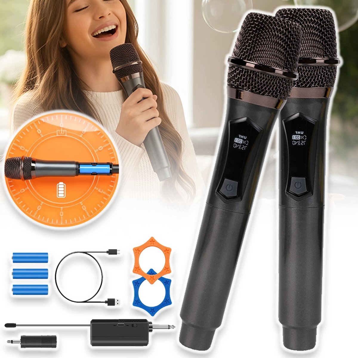 2 Microfoons Met USB-Oplaadbare Ontvanger - Storingsvrij Groot Bereik Ingebouwde Oplaadbare Batterijen 8 Uur Microfoon / 6 Uur Ontvanger - Voor Karaokemachine, Luidsprekerversterker - Grijs