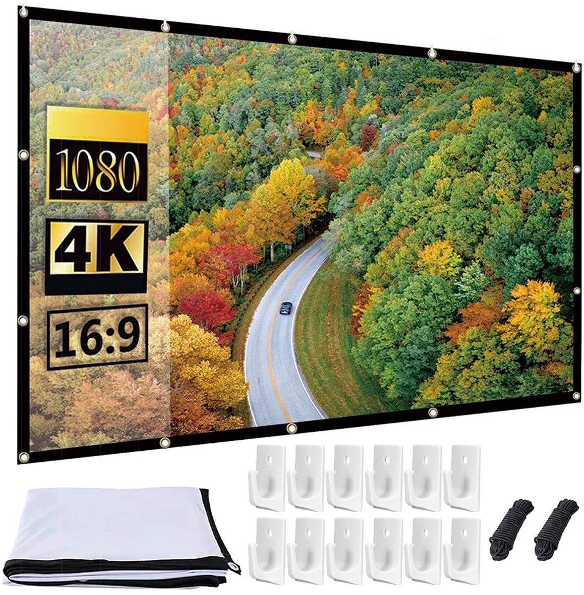 120-inch projectiescherm - oprolbaar projectiescherm - zacht projectiescherm - filmscherm - 16:9 HD - 2,65*1,52 meter - draagbaar - opvouwbaar - geschikt voor buitengebruik - met haak - polyestervezel