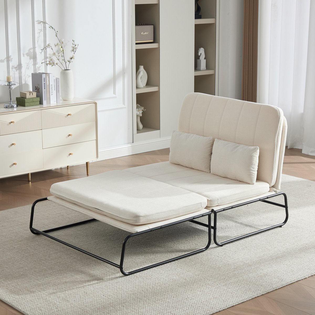 1-zits slaapbank - 104 x 85 x 92 cm - chenille bekleding - met slaapfunctie - met opbergruimte - inclusief kussens - met metalen frame - Beige