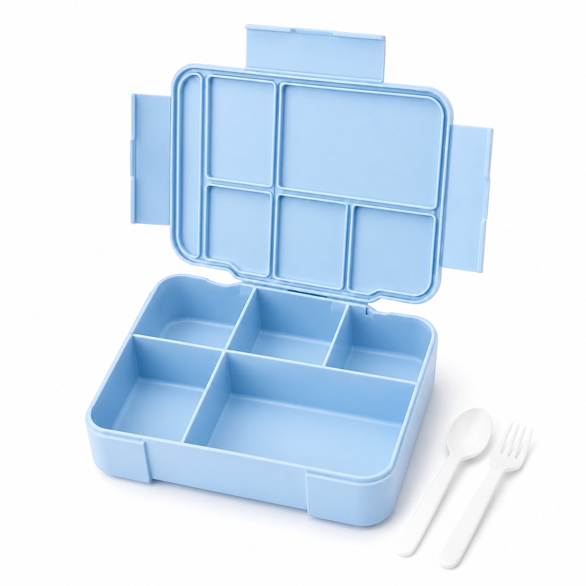 VHV Lunchbox met Vakken 1500 ml - Bento Lunchbox met 5 Vakken en Bestek - Geschikt voor Magnetron, Koelkast en Vaatwasser - Voor School, Werk en Onderweg - Blauw Zonder Print
