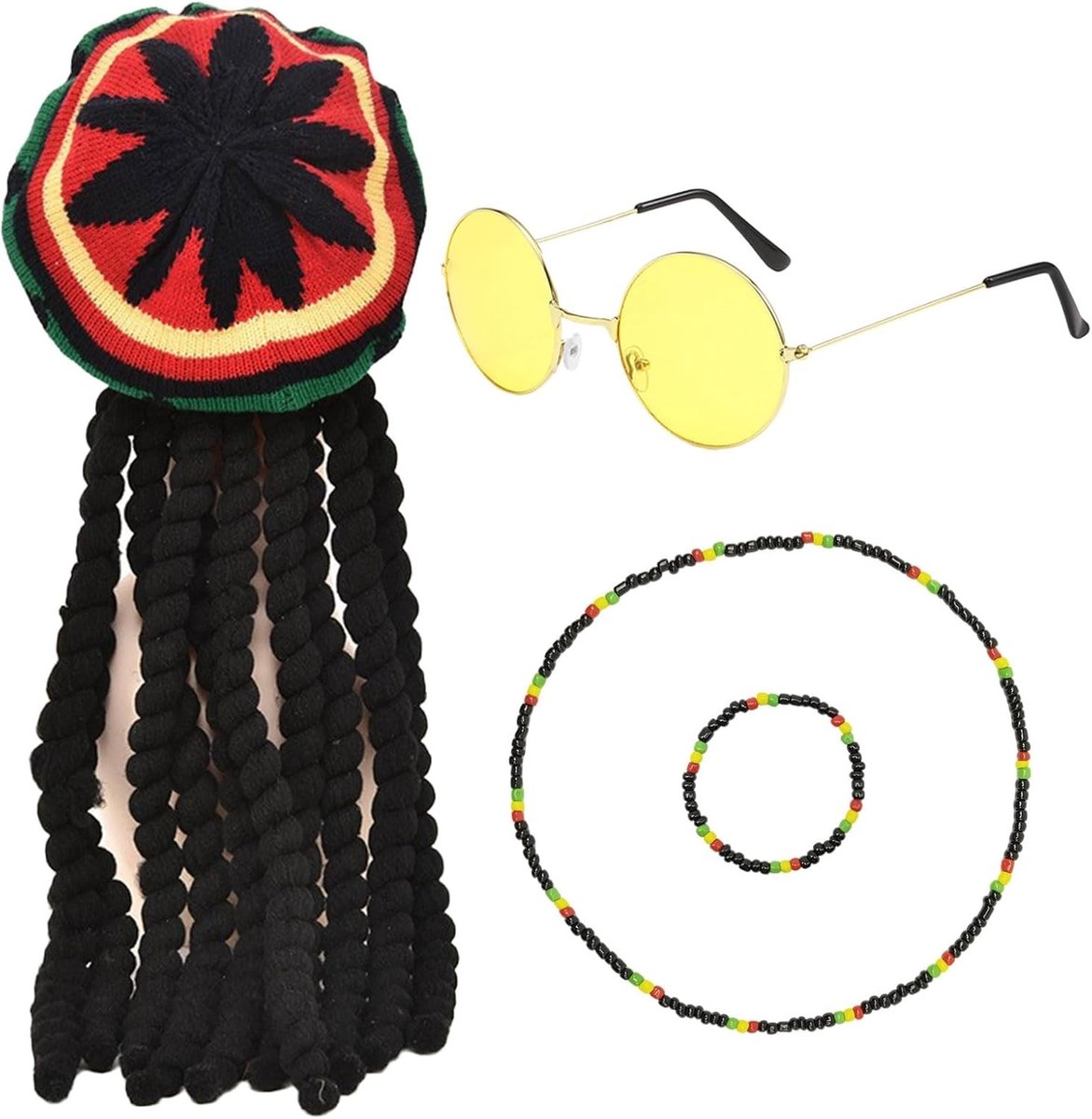 Rasta Kostuum Accessoires Set met Dreadlocks Peruk, Gele Zonnebril, Armband en Ketting voor Halloween en Feestjes