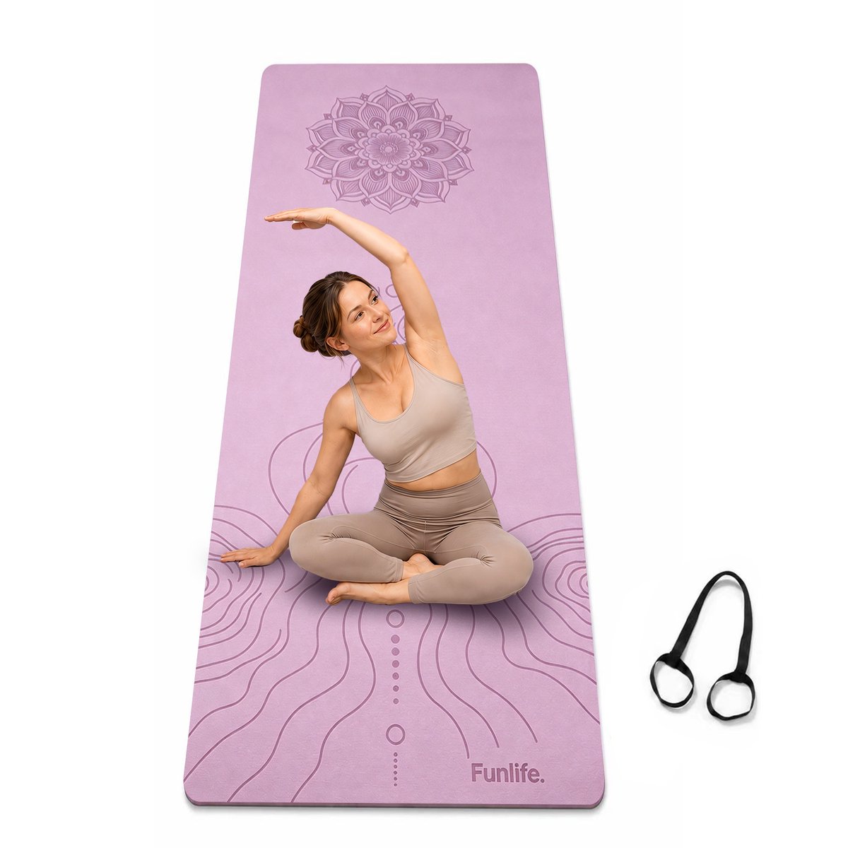 FunLife Yogamat 183 x 61 cm - 8 mm TPE Fitnessmat Antislip met Draagriem - voor Yoga, Pilates en Home Workout - Lavendel