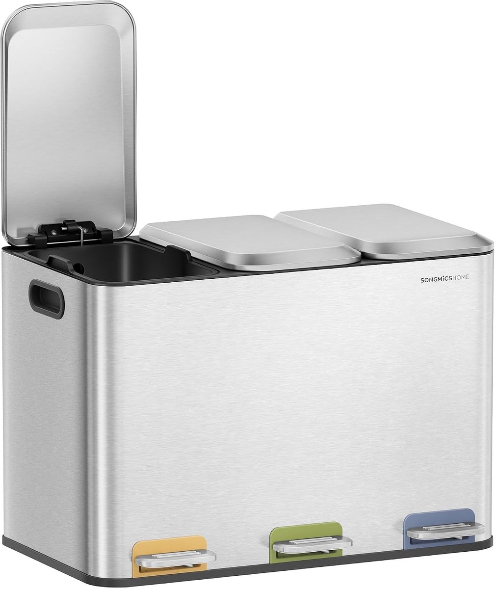 SONGMICS - pedaalemmer - 3 compartimenten - 45 liter - Keuken Prullenbak, 3 x 15 L compartimenten, staal zilver