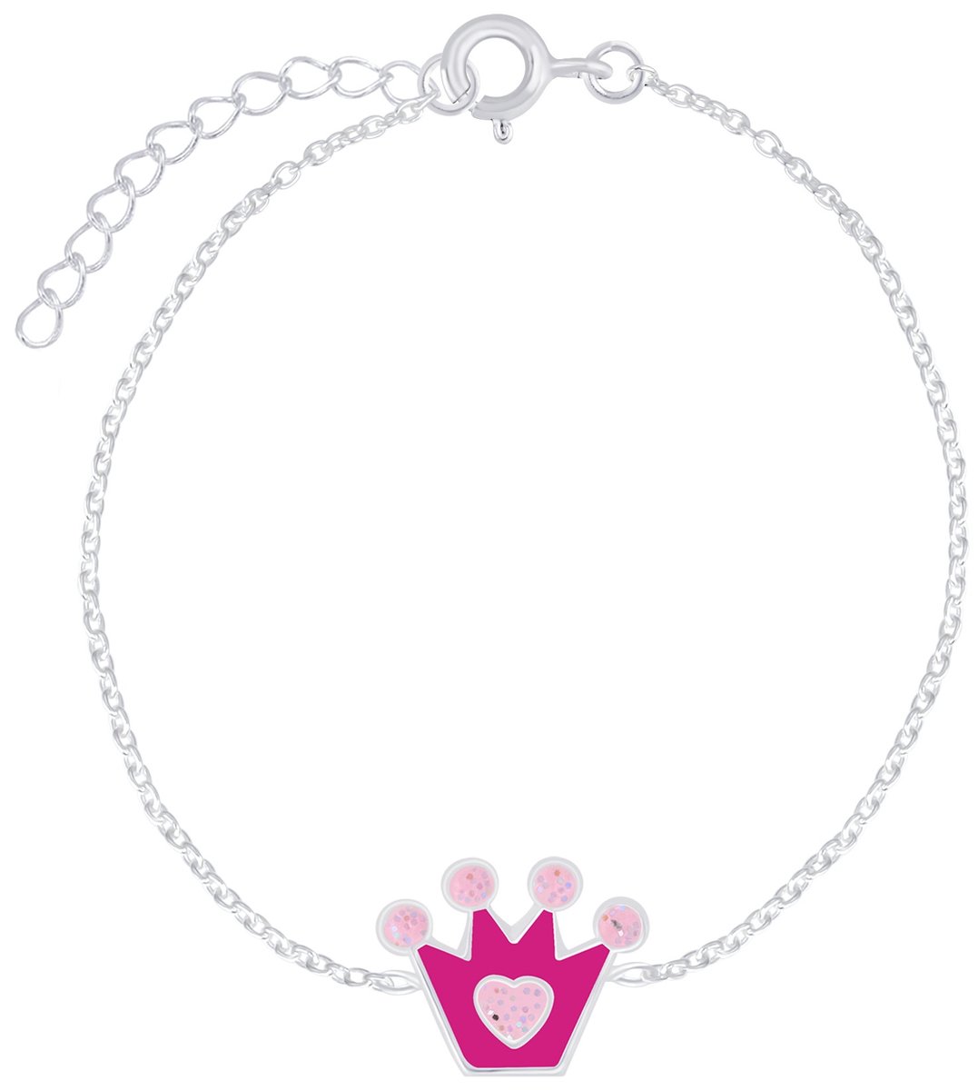 Joy|S - Zilveren kroontje armband - 14 cm + 3 cm extension - kroon - roze met glitter - sterling zilver 925 - kinderarmband