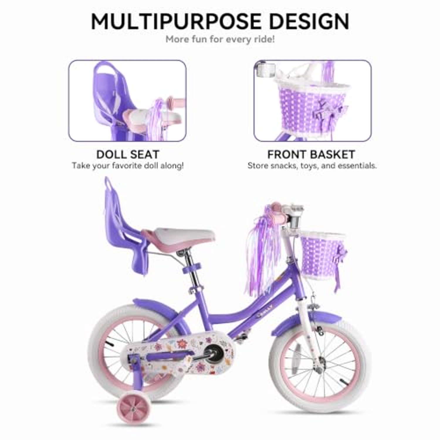 Meisjesfiets 12 Inch met Stabilisatoren en Mand, Retro Design, Paars