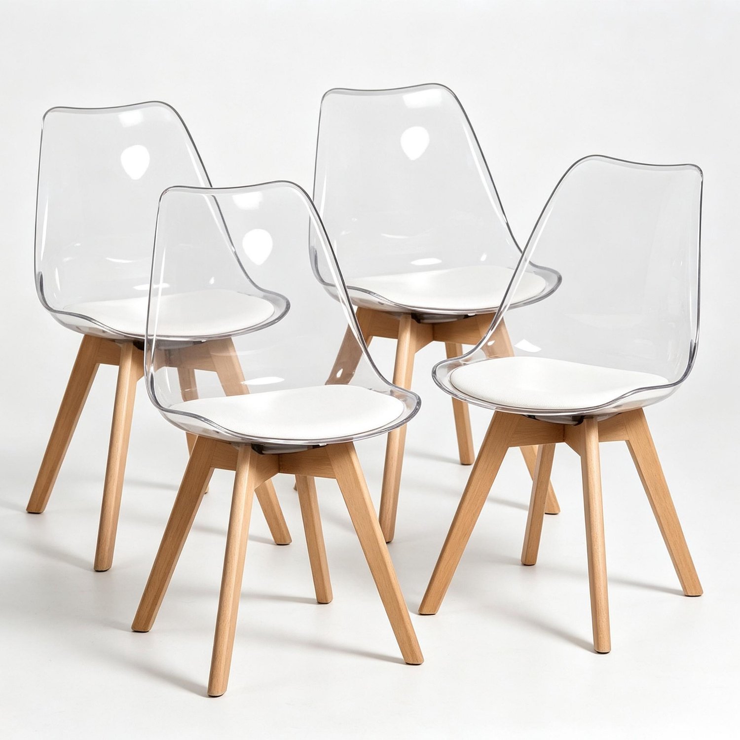 REDOM Set van 4 eetkamerstoelen - Gewatteerde kunstleren zitting en houten poten - Wit