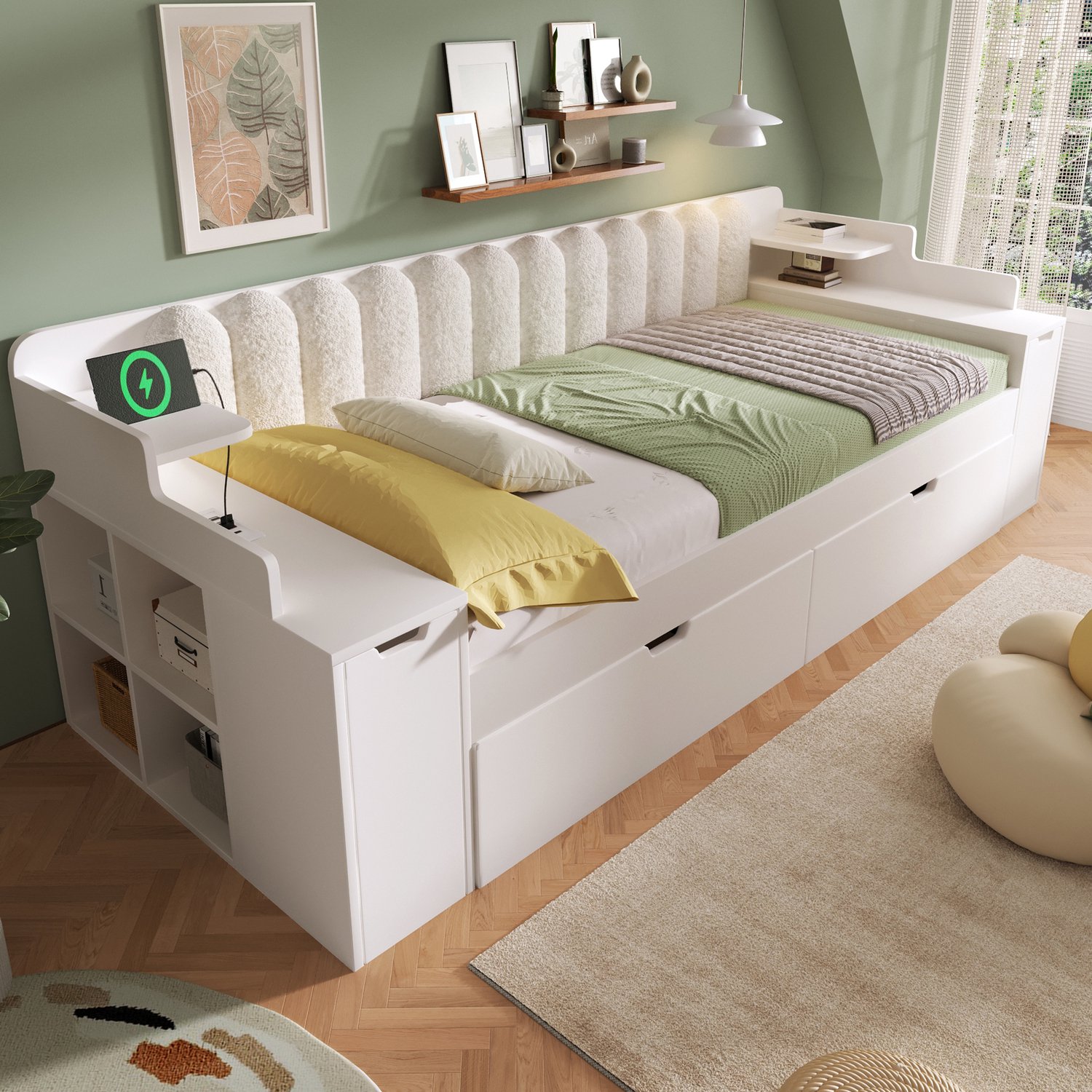 HAUSS SPOLE Bedbank 90x200 cm - Eenpersoonsbed met Uitschuifbed en Oplaadpunten - Opbergruimte - Zonder matras - MDF en Stof - Wit
