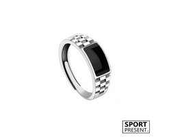 SportPresent® - Zilveren Ring - Retro - Steen - Vintage - Zwarte steen - Blokjes - Scouting - Knopen - Sterling silver - Zilver - 925 - Sport - Sportsieraad - Sieraad - Sportsieraden - Sieraden
