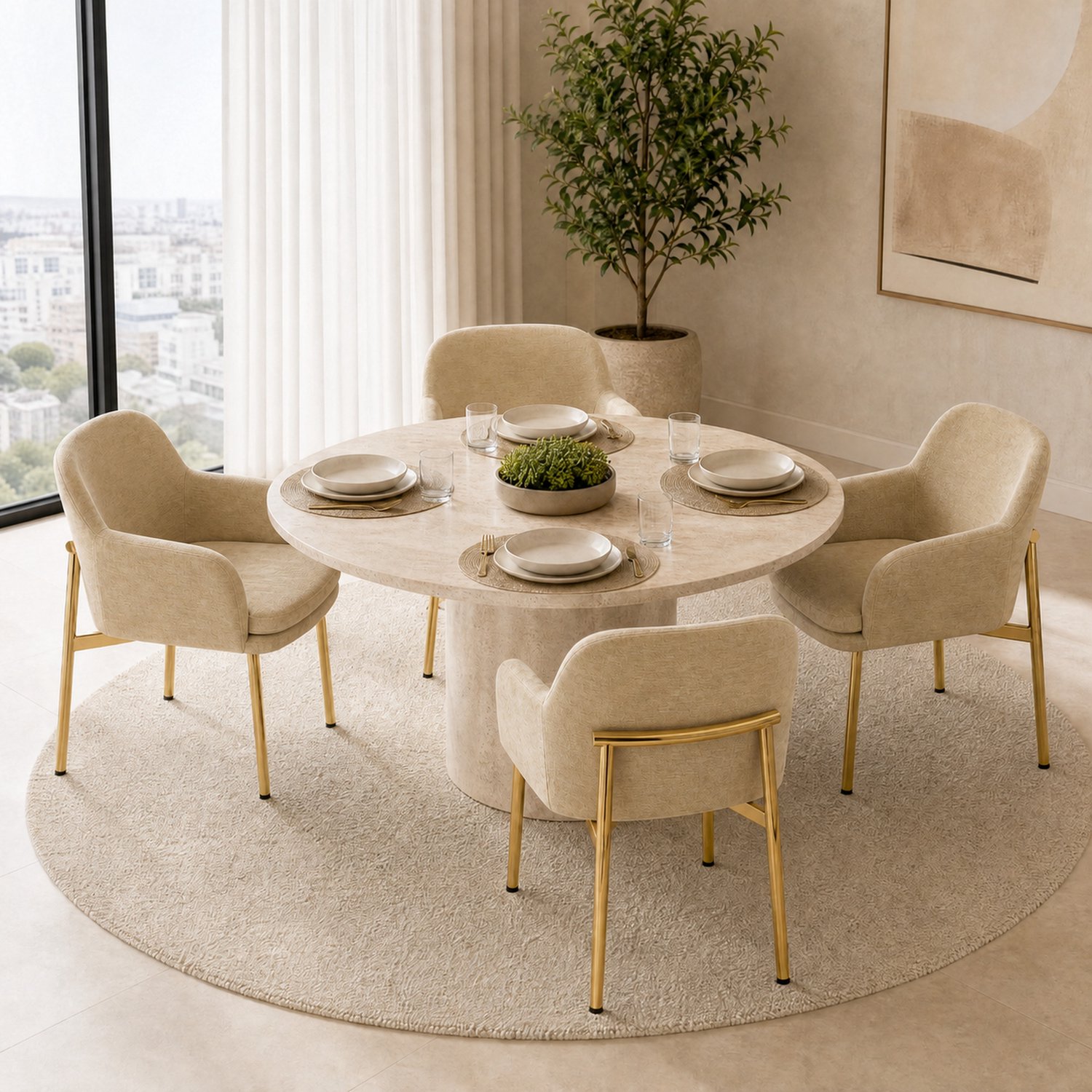 HAUSS SPOLE Eetkamerstoelen - Set van 4 - Gestoffeerd met Armleuningen en Verstelbare Voetdoppen - Voor Eetkamer en Keuken - Stof en Metaal - Bruin en Goud