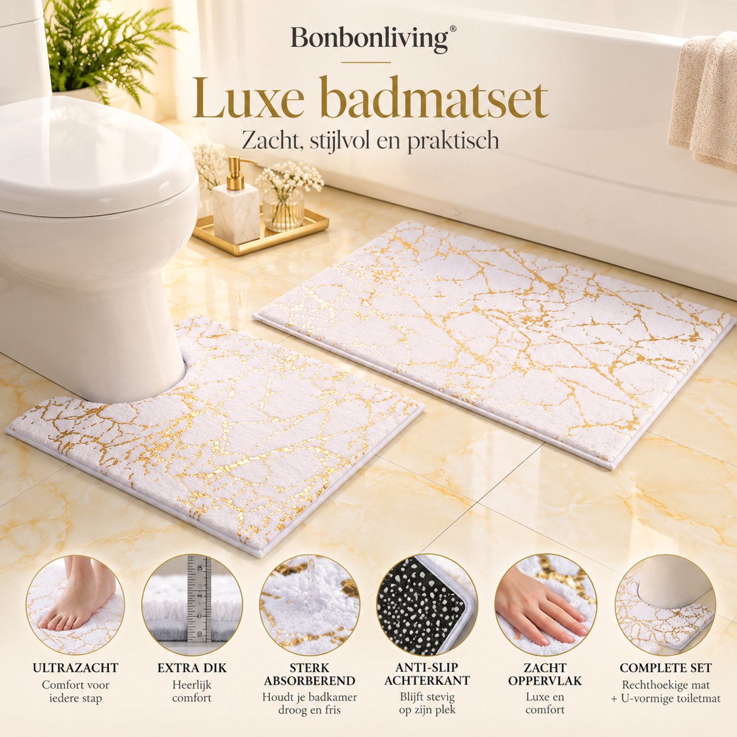 BONBONLIVING Luxe Toiletmat 50x60 cm Wit & Goud – Zachte Microvezel WC Mat met Uitsparing – Antislip, Absorberend & Wasbaar – Decoratief Badkamerkleed voor Toilet en Badkamer