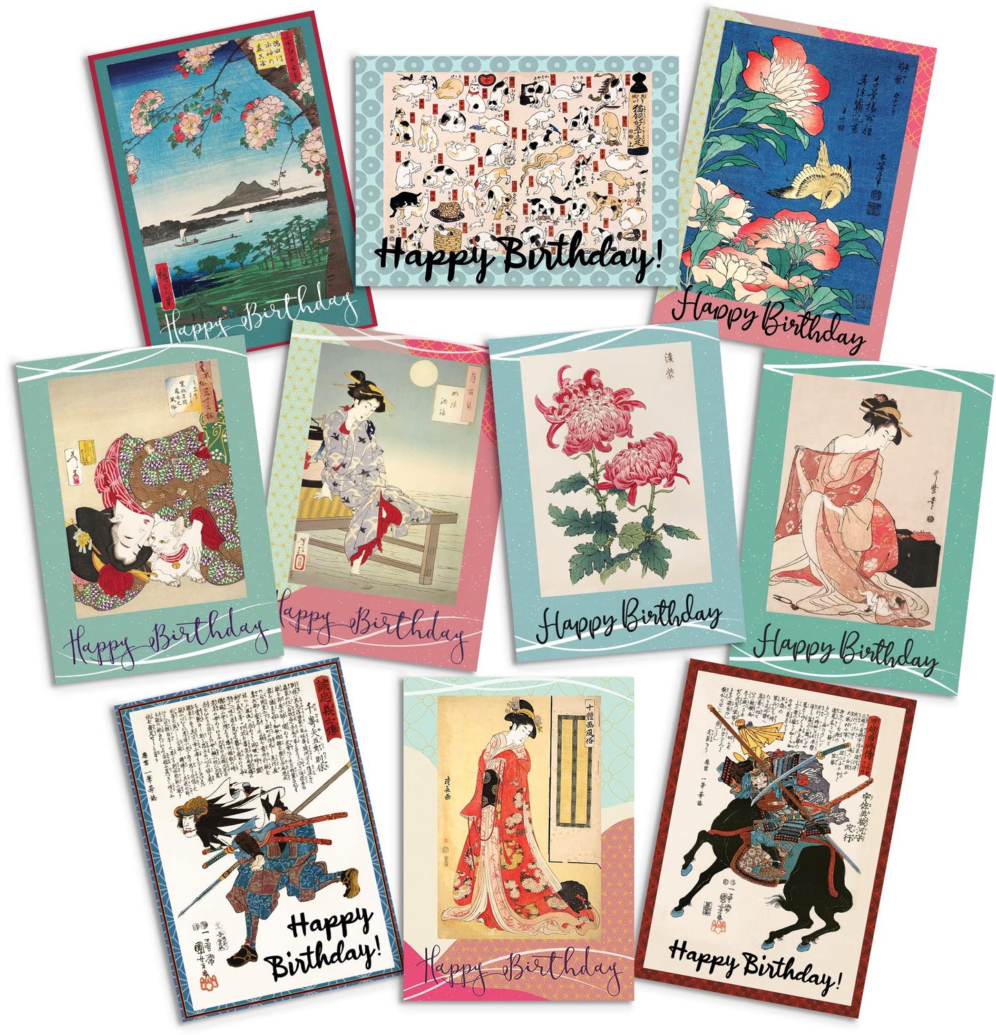 Set van 10 Japanse Ukiyo-e Verjaardagskaarten met Enveloppen