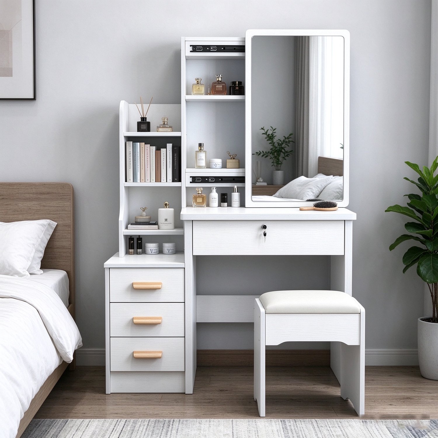 learnlogic Een witte kaptafel met spiegel afsluitbare lades opbergvakken en een bijpassende kruk geschikt voor een slaapkamer 80*35*125CM