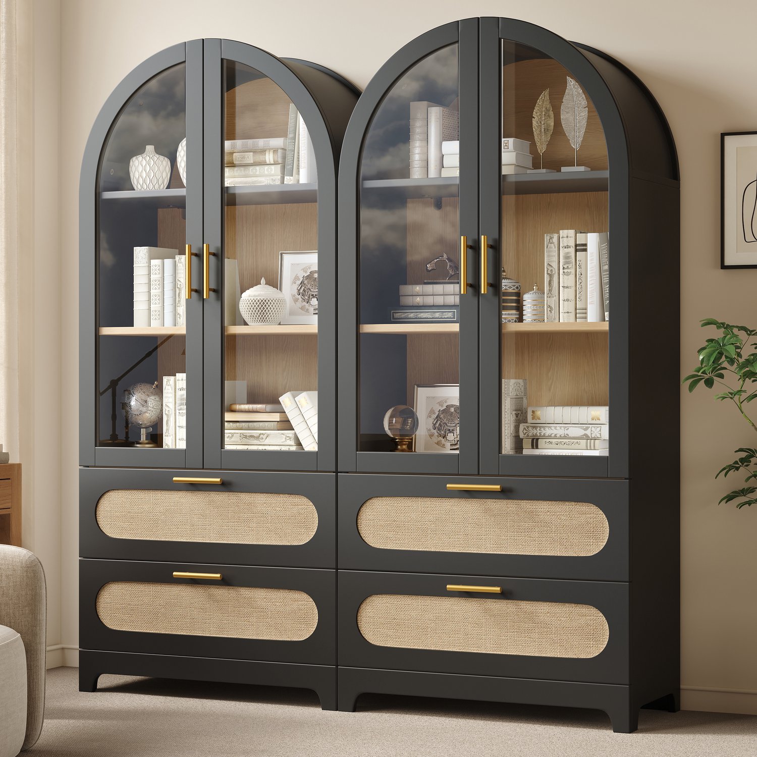 Wishdor Vitrinekast met Montmartre-bogen - Glazen deuren en 2 lades - 3 verstelbare planken en kantelbeveiliging - Retro - Woonkamer eetkamer - MDF en PE-rotan - Zwart - 80 x 40 x 175 cm