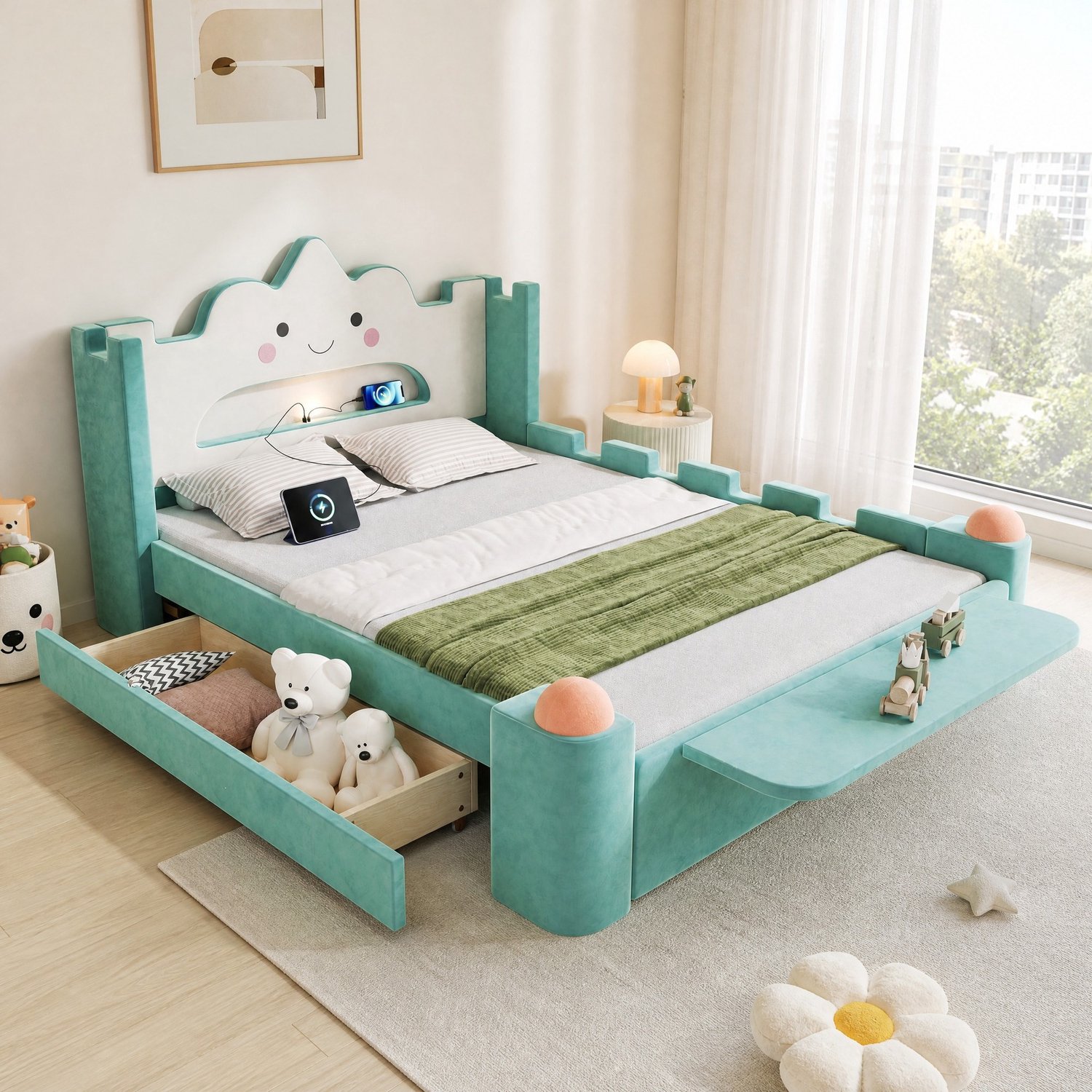 MEUNIQ gestoffeerd kinderbed 140 x 200 cm met opberglade, wolkenhoofdbord, leeslamp, USB-aansluiting en uitvalbeveiliging – blauwgroen