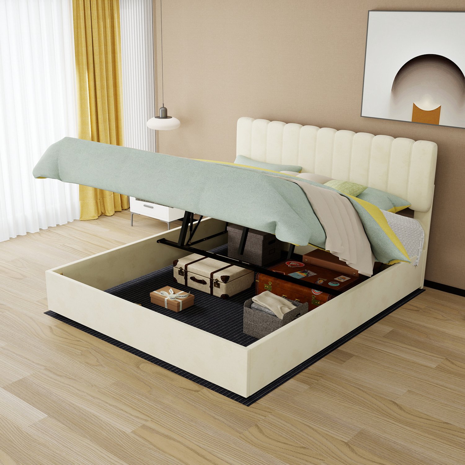 MEUNIQ gestoffeerd tweepersoonsbed 160 x 200 cm met matras, hoog hoofdbord, lattenbodem en opbergruimte voor de slaapkamer - beige