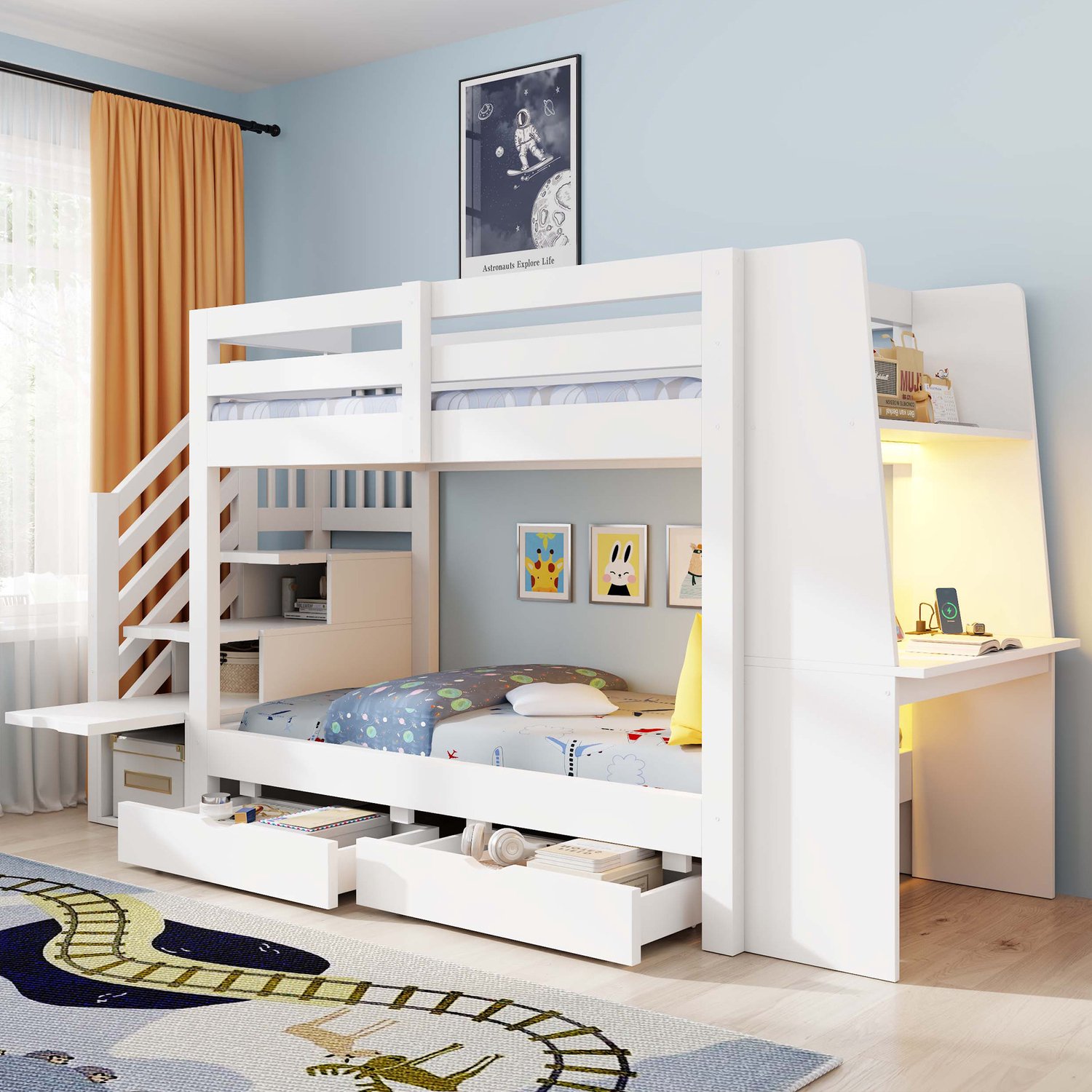 HAUSS SPOLE Stapelbed 90x200 cm - Met Bureau en Opbergtrap - Met Lades en Verlichting - Matras Niet Vermeld - Voor Kinderkamers - Hout en MDF - Wit