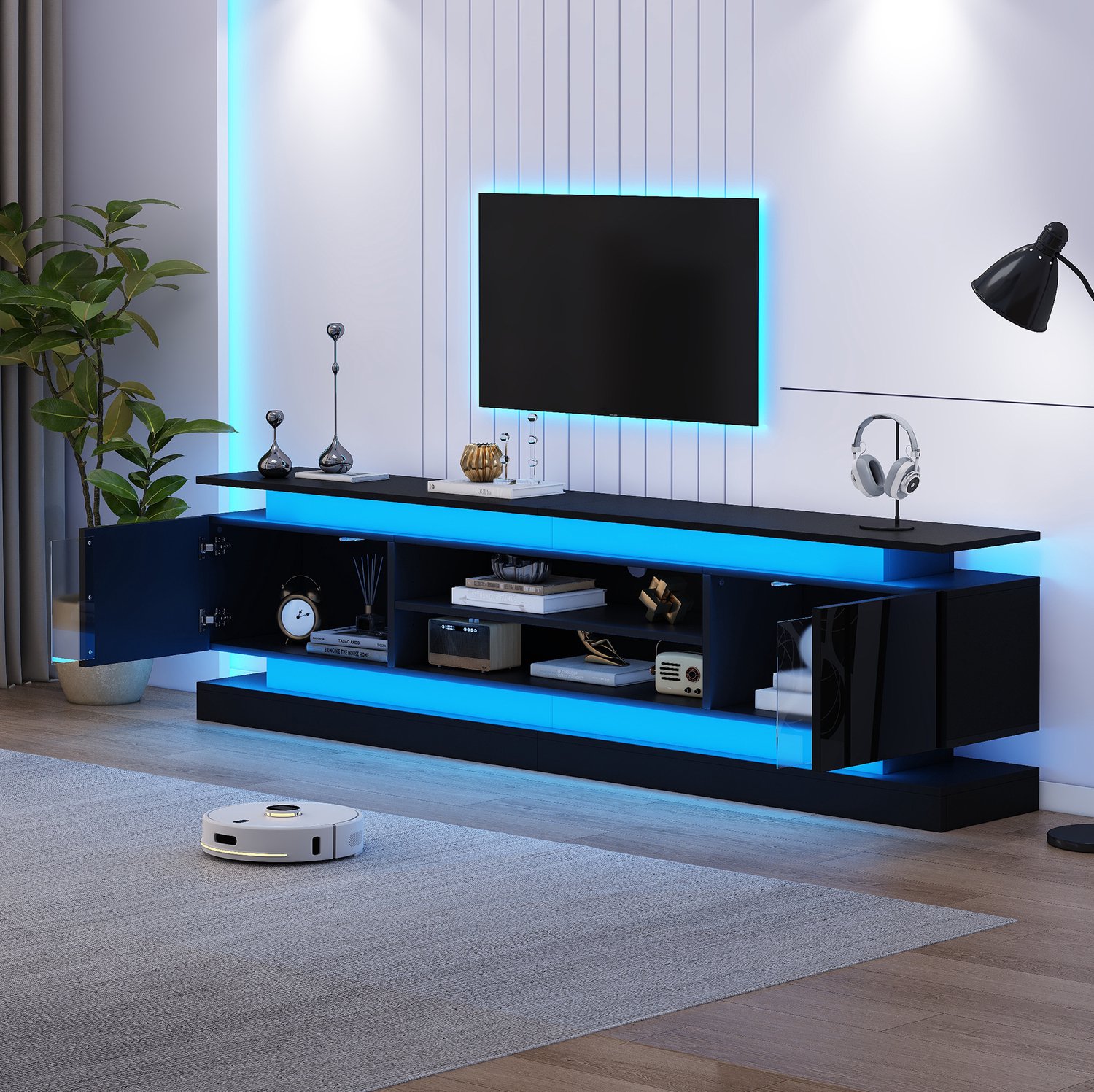 HAUSS SPOLE Tv-meubel - Hoogglans Met Ledverlichting En 2 Deuren - Voor Woonkamer En Tv Tot 75 Inch - Mdf En Spaanplaat - 180x35x60 Cm - Zwart