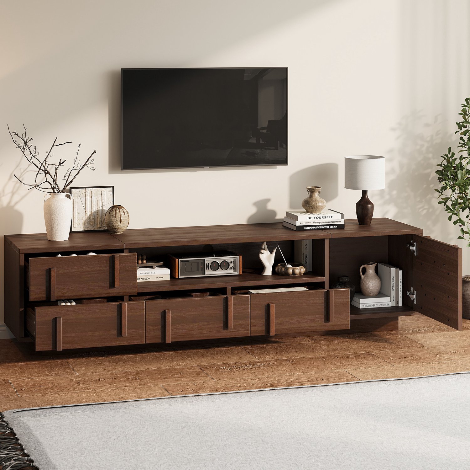 HAUSS SPOLE Tv-meubel - Met 4 Lades, Kastvak en 2 Open Vakken - Voor Woonkamer en Tv Tot 75 Inch - Mdf - Walnootkleur - 180x40x45 Cm Walnootkleur, donkerbruin